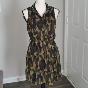 DIZZIRE Button Down Studded Camo Print Dress
